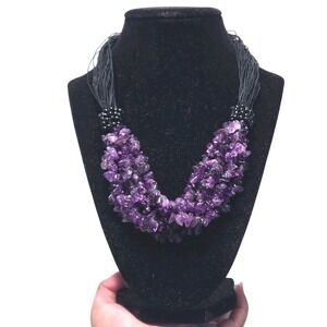 Chunky Purple Amethyst Chip Nugget Multi-Strand Statement Necklace Genuine
